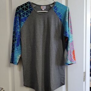 LuLaRoe Gray Top with Multicolor Geometric Sleeves 3/4 Sleeves